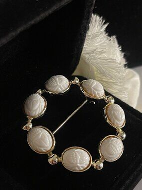 Vintage Egyptian Revival White Scarab Wreath Brooch Carved Glass Cabochons